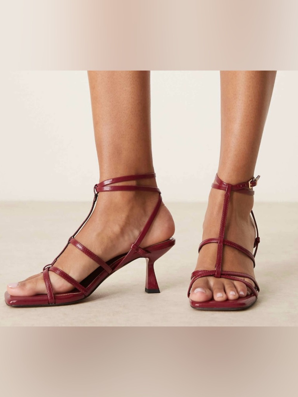 ASOS Burgundy Strappy T‑Bar Mid Heel Sandals